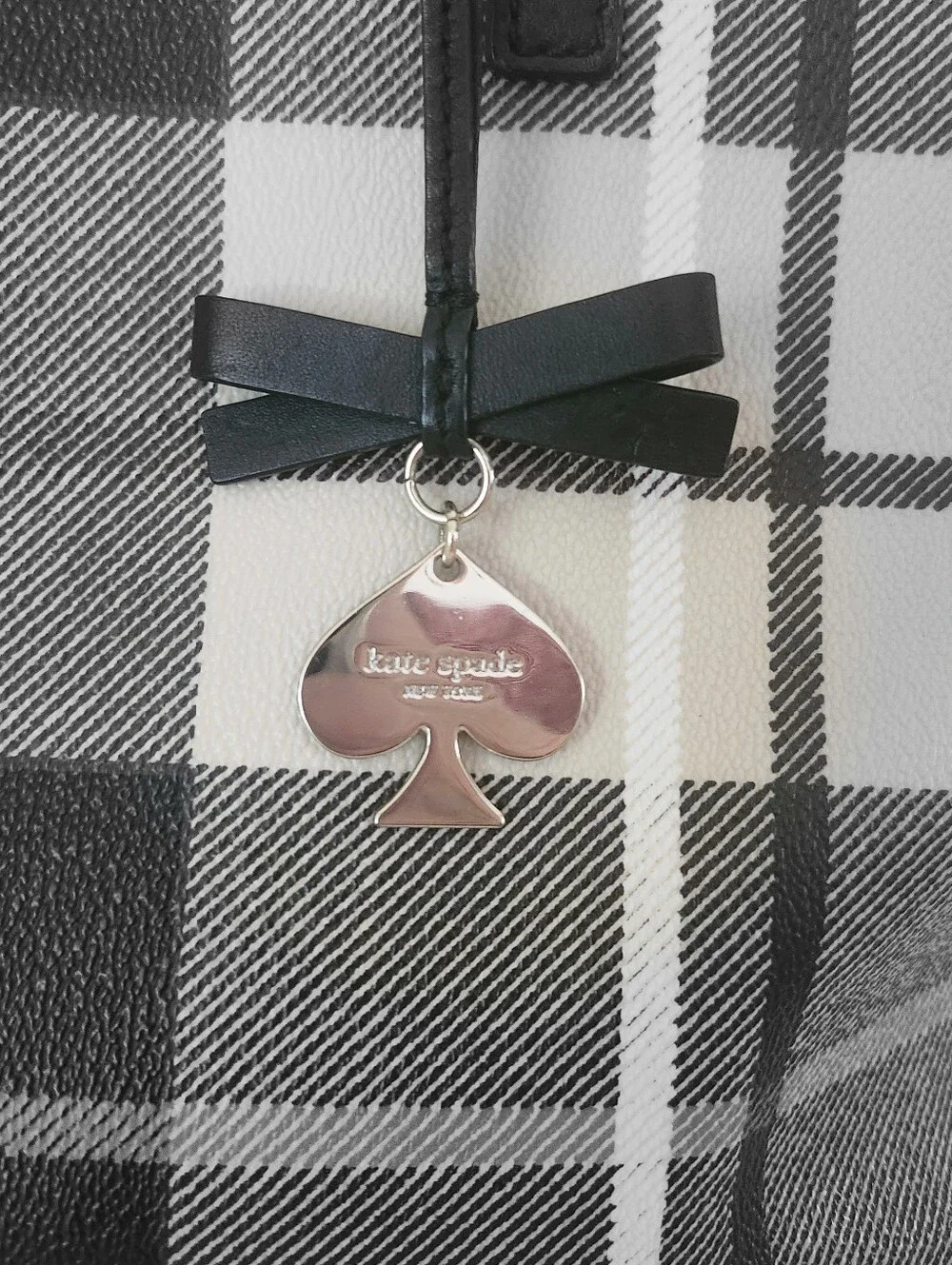 kate spade Black and Cream Plaid Tote with Spade Charm